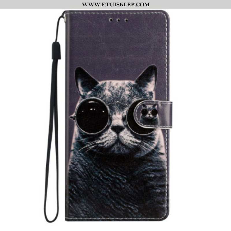 Etui Folio do Moto G73 5G z Łańcuch Okulary Z Paskami Cat